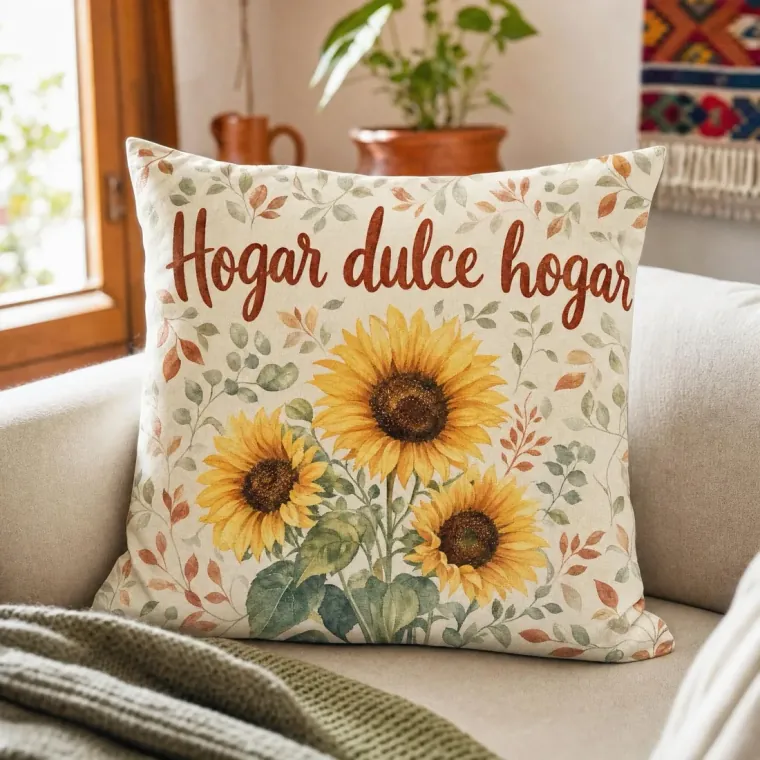 Cojín sublimado con girasoles y la frase Hogar dulce hogar
