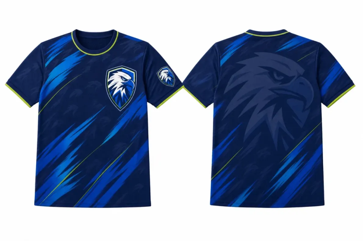 Camiseta azul con escudo de águila, frente y espalda